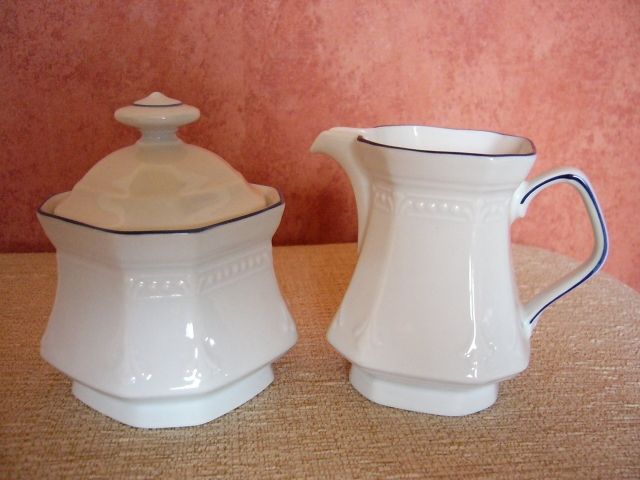 Alte Zuckerdose und Milchkännchen - Mitterteich - Weiß/Blau - Glas Porzellan Antiquarisch - Homberg