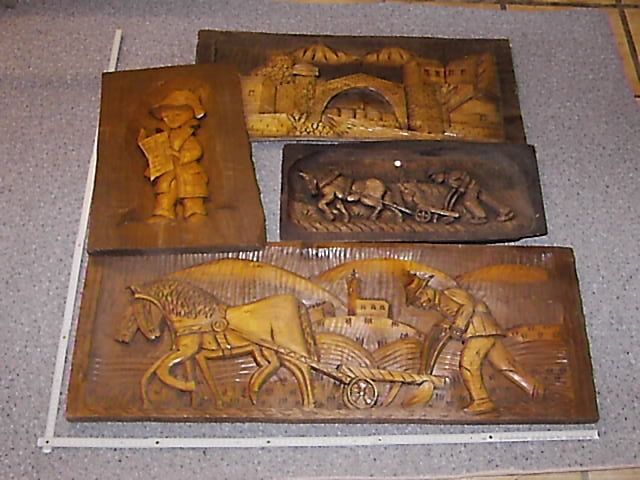 4 Holzbilder Relief handgeschnitzt - Kunst Gemaelde Plastik - Schwendi