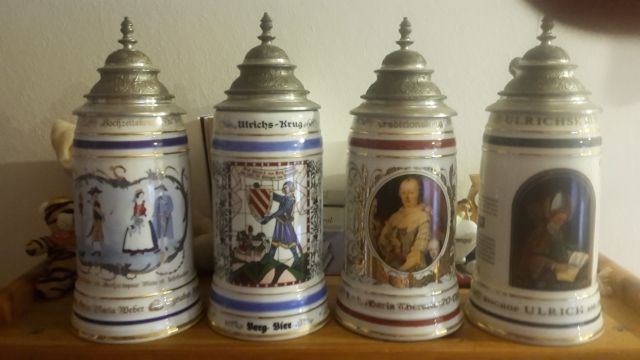 4 Bierkrüge  - Glas Porzellan Antiquarisch - Ehingen
