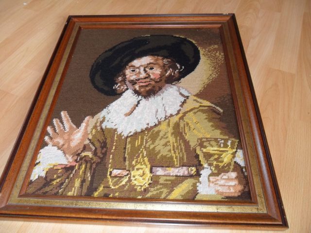 Handgestickter Gobelin  mit Holzrahmen Weintrinker - Kunst Gemaelde Plastik - Neunkirchen